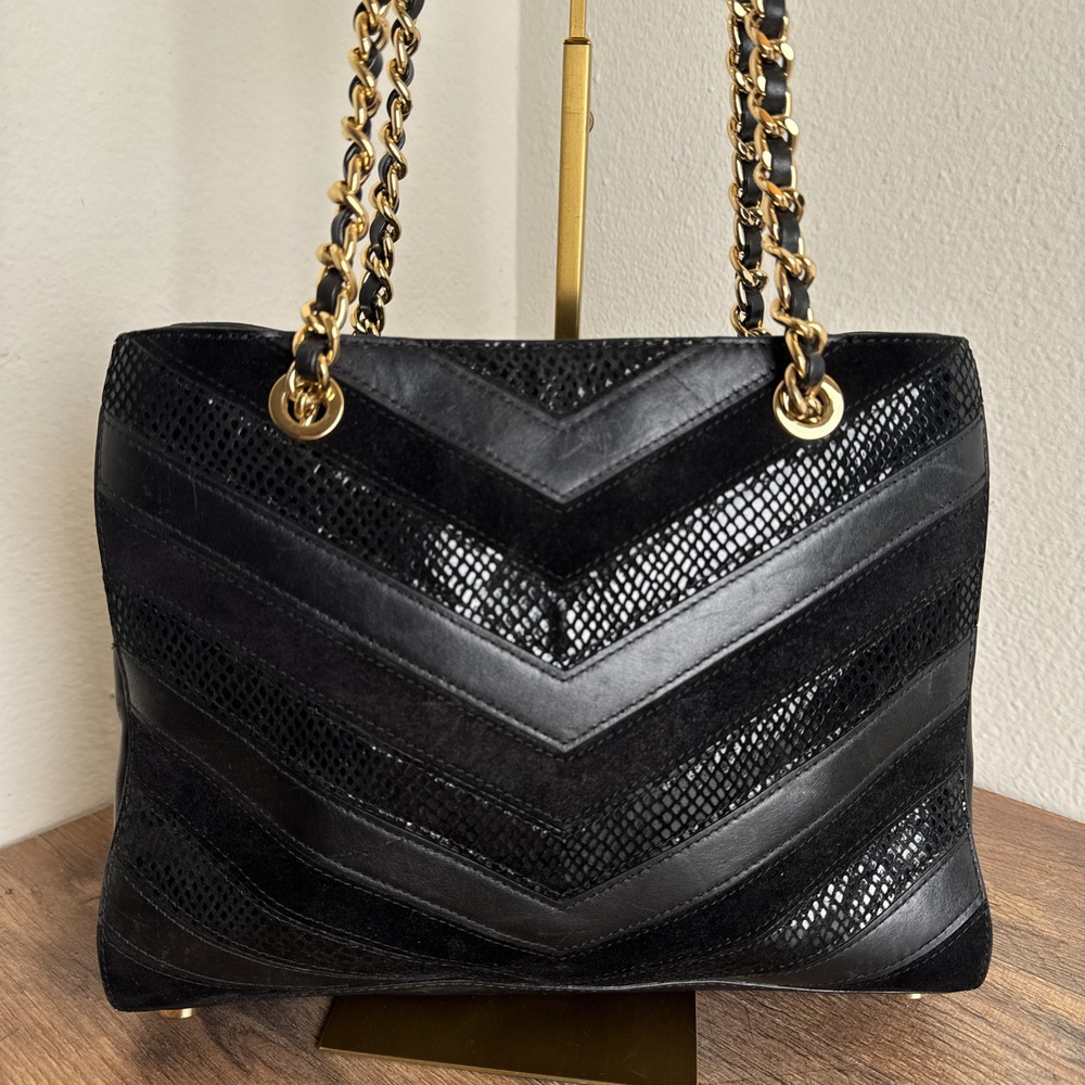Michael‎ Kors Susannah Chevron Black Tote Bag Patchwork Snakeskin Embossed - Picture 9 of 16